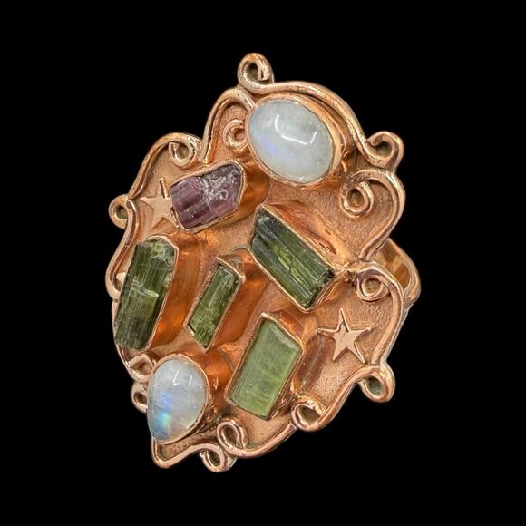 Pink Green Tourmaline Moonstone Wide Band Copper Ring Sz 8.25 Handmade Artisan - Picture 4 of 5